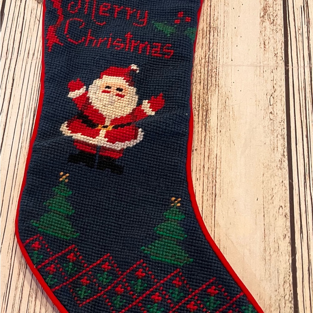 Vintage Merry Christmas Embroidered Needlepoint & Velvet Stocking Wool & Cotton
